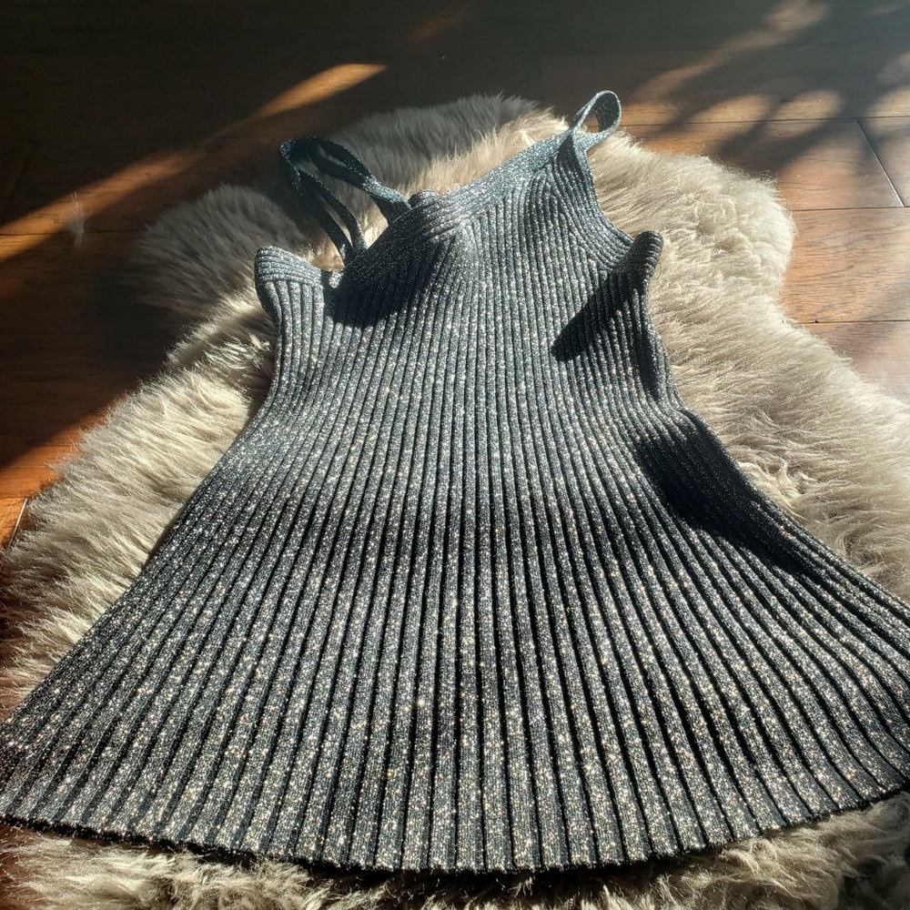 Silver Sparkle Asymmetrical Pleated Tank Top